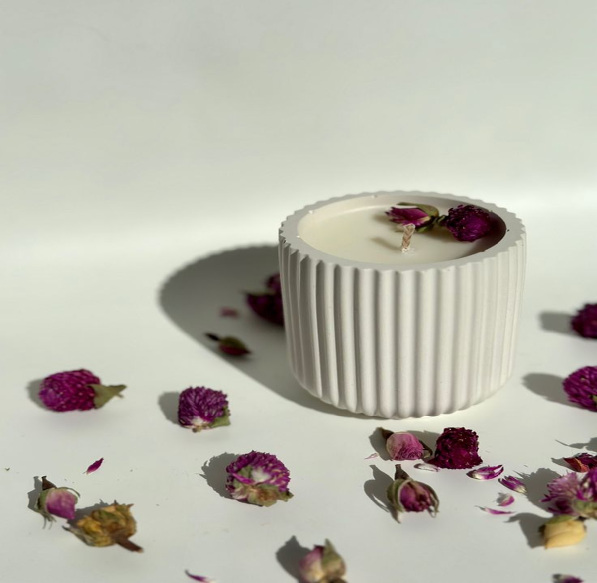Fluted Concrete Floral Candle